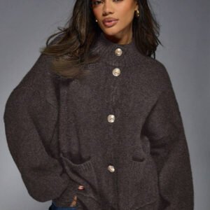 MISSGUIDED كارديجان علوي برقبة مرتفعة فاخر محبوك مع أزرار وأكسسوارات ذهبية من المصمم، أكمام بالون ،كنزة صوفية شتوية دافئة كبيرة الحجم، موضة ملابس خارجية