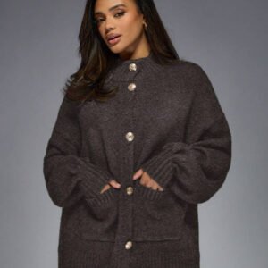 MISSGUIDED كارديجان علوي برقبة مرتفعة فاخر محبوك مع أزرار وأكسسوارات ذهبية من المصمم، أكمام بالون ،كنزة صوفية شتوية دافئة كبيرة الحجم، موضة ملابس خارجية