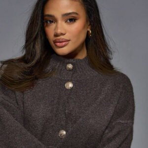 MISSGUIDED كارديجان علوي برقبة مرتفعة فاخر محبوك مع أزرار وأكسسوارات ذهبية من المصمم، أكمام بالون ،كنزة صوفية شتوية دافئة كبيرة الحجم، موضة ملابس خارجية