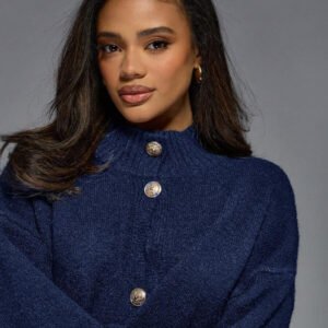MISSGUIDED كارديجان علوي برقبة مرتفعة فاخر محبوك مع أزرار وأكسسوارات ذهبية من المصمم، أكمام بالون ،كنزة صوفية شتوية دافئة كبيرة الحجم، موضة ملابس خارجية