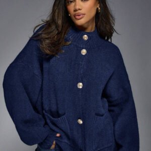 MISSGUIDED كارديجان علوي برقبة مرتفعة فاخر محبوك مع أزرار وأكسسوارات ذهبية من المصمم، أكمام بالون ،كنزة صوفية شتوية دافئة كبيرة الحجم، موضة ملابس خارجية