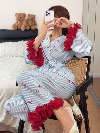 Napfluff طقم بيجامة نسائي بأكمام طويلة وبنطال طويل، بتصميم ألوان متباينة وطباعة فيونكة مع خطوط وحافة دانتيل ثلاثية الأبعاد