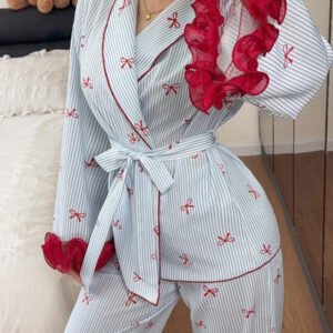 Napfluff طقم بيجامة نسائي بأكمام طويلة وبنطال طويل، بتصميم ألوان متباينة وطباعة فيونكة مع خطوط وحافة دانتيل ثلاثية الأبعاد