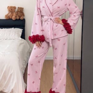 Napfluff طقم بيجامة نسائي بأكمام طويلة وبنطال طويل، بتصميم ألوان متباينة وطباعة فيونكة مع خطوط وحافة دانتيل ثلاثية الأبعاد