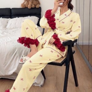 Napfluff طقم بيجامة نسائي بأكمام طويلة وبنطال طويل، بتصميم ألوان متباينة وطباعة فيونكة مع خطوط وحافة دانتيل ثلاثية الأبعاد