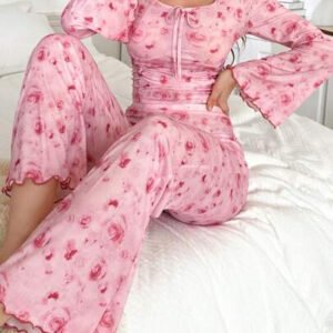 CottageSlumber طقم بيجامة للنساء مكون من ملابس علوية بأكمام واسعة مطوية وطباعة زهرية وبنطلون، ملابس شتوية دافئة وأنيقة