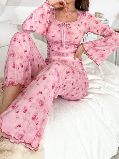 CottageSlumber طقم بيجامة للنساء مكون من ملابس علوية بأكمام واسعة مطوية وطباعة زهرية وبنطلون، ملابس شتوية دافئة وأنيقة
