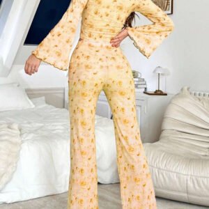 CottageSlumber طقم بيجامة للنساء مكون من ملابس علوية بأكمام واسعة مطوية وطباعة زهرية وبنطلون، ملابس شتوية دافئة وأنيقة