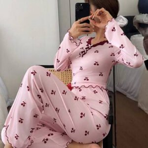 Napfluff طقم بيجامة بأكمام طويلة مزين بطبعة أزهار الكرز والدانتيل