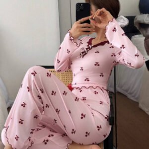 Napfluff طقم بيجامة بأكمام طويلة مزين بطبعة أزهار الكرز والدانتيل