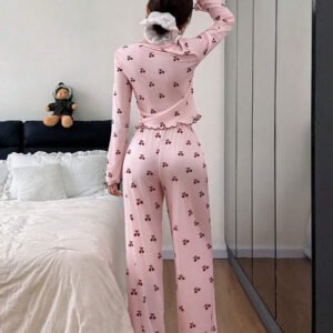 Napfluff طقم بيجامة بأكمام طويلة مزين بطبعة أزهار الكرز والدانتيل