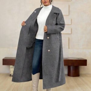 Roveilla معطف صوفي طويل أنيق ذو جودة عالية وتصميم رومانسي للنساء ذوات الحجم الكبير، بأكمام طويلة وربطة خصر مزدوجة الصدر بلون واحد
