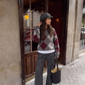 كنزة نسائية PEONY كاجوال متعددة الاستخدامات بنقشة مربعات ورقعات، بياقة دائرية وقصة ضيقة، مناسبة للخريف والشتاء، للعمل والتنقل اليومي، والأسلوب الشارعي الخارجي، والحفلات والتجمعات، والعودة للمدرسة، والعطلات، وحفلات أعياد الميلاد