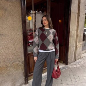 كنزة نسائية PEONY كاجوال متعددة الاستخدامات بنقشة مربعات ورقعات، بياقة دائرية وقصة ضيقة، مناسبة للخريف والشتاء، للعمل والتنقل اليومي، والأسلوب الشارعي الخارجي، والحفلات والتجمعات، والعودة للمدرسة، والعطلات، وحفلات أعياد الميلاد